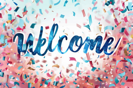 Welcome sign letters with confetti background. Celebration greeting holiday illustration.の素材