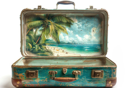 Opened travel suitcase with paradise destination inside isolated on white backgroundの素材