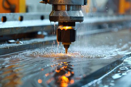 Waterjet Cutting. Machine using water pressure to cut through stainless steel materials --ar 16:9 Job ID: 4575ffd1-f742-4297-8eb2-416d70a99b83の素材