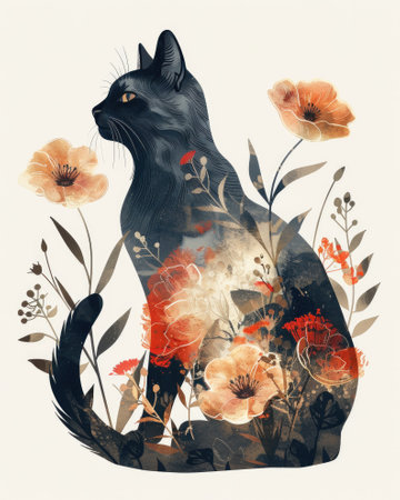 Artistic cat illustration with floral elementsの素材