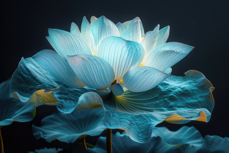 Iridescent close-up of a lotus flower on a black backgroundの素材