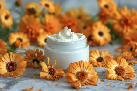 Calendula cream and calendula flowersの素材