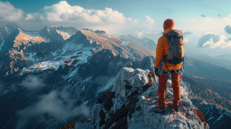 Lone traveler overlooking misty mountain rangeの素材
