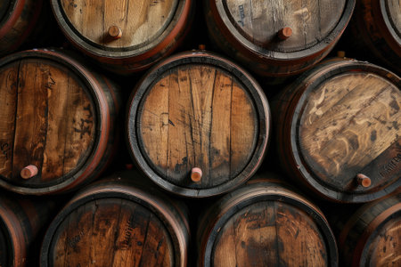 Wooden oak Port barrels in neat rowsの素材
