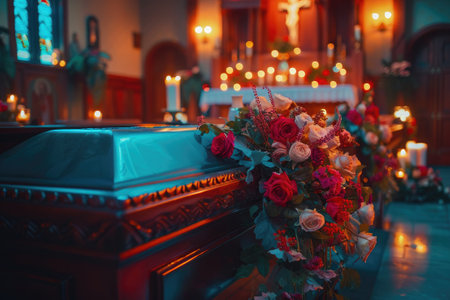 Casket adorned with flowers in churchの素材