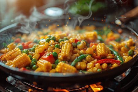 Corn, peas and carrot in a frying panの素材