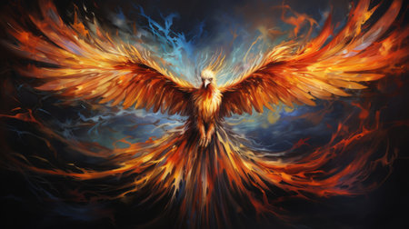Image of the phoenix is flying burning with fire. Birds. Mythical creatures.の素材