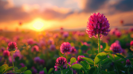 Close up wild red clover in a meadow.の素材