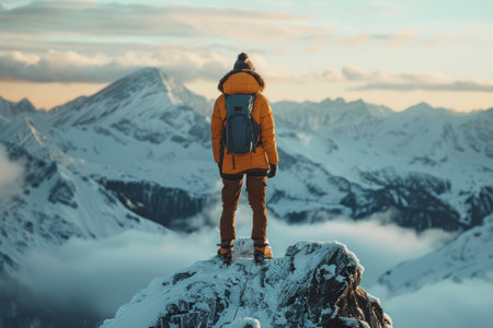 Explorer on mountain peak against breathtaking sunriseの素材