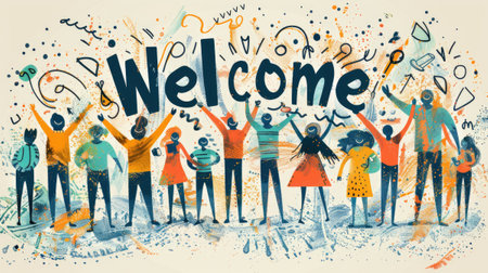 Stick figures holding the word Welcome. Illustrated banner with the text Welcomeの素材