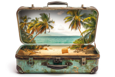 Opened travel suitcase with paradise destination inside isolated on white backgroundの素材
