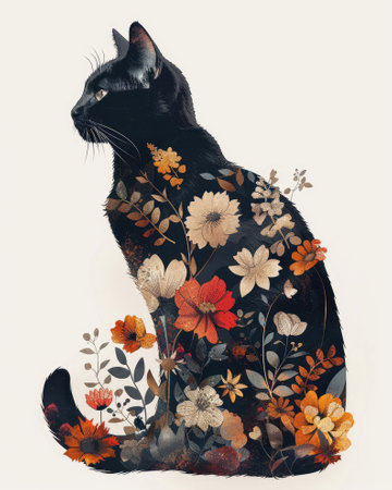 Artistic cat illustration with floral elementsの素材