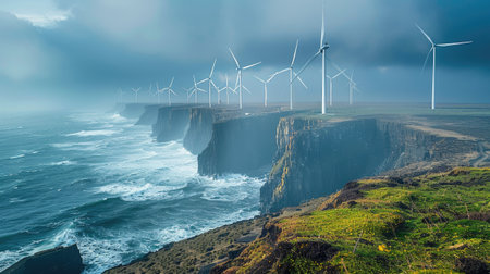 Wind turbines against a sunrise coastal landscapeの素材