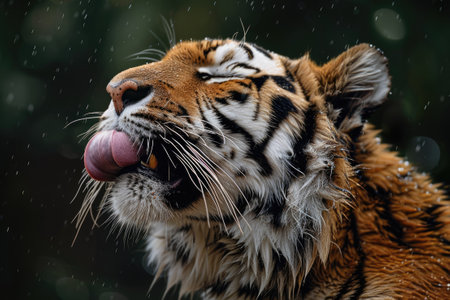 Close-up of majestic tiger face with tongue lickingの素材