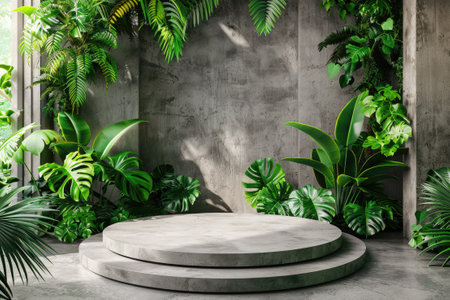 Lush greenery surrounding a circular podiumの素材