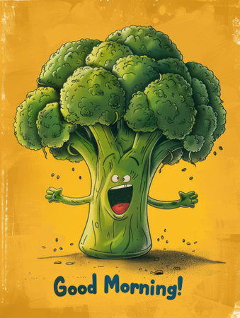 Humorous illustration of a smiling broccoli cartoon character holding a Good Morning signの素材