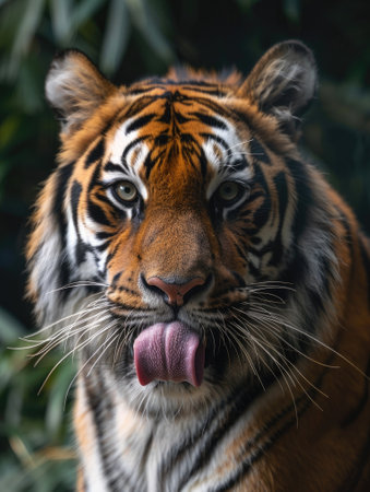 Close-up of majestic tiger face with tongue lickingの素材