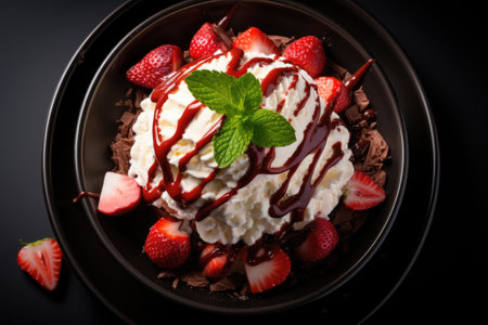 A luxurious dessert with rich chocolate, fresh strawberries, and whipped creamの素材