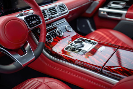 Luxury car interior with red leather upholsteryの素材
