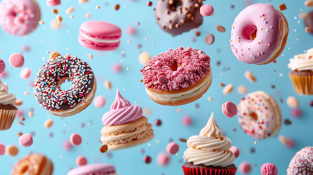 Floating sweets and treats on a blue backdrop. Donuts and cupcakes flying over blue background.の素材
