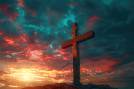 Dramatic sunrise casting golden light behind a weathered wooden cross, symbolizing hope and faithの素材