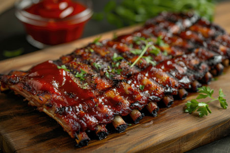 Tender and juicy BBQ pork ribs served with fresh herbs and tangy sauce on a wooden boardの素材