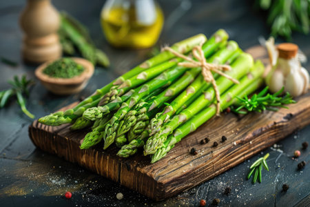 Bunch of green asparagus on wooden boardの素材