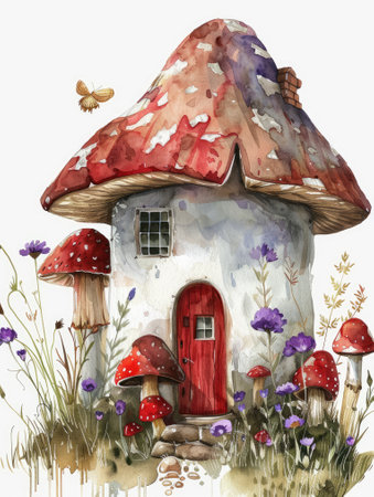 Watercolor illustration of a fantasy mushroom houseの素材