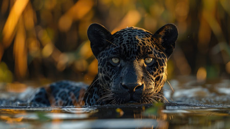 Black jaguar in a South American wetlandの素材