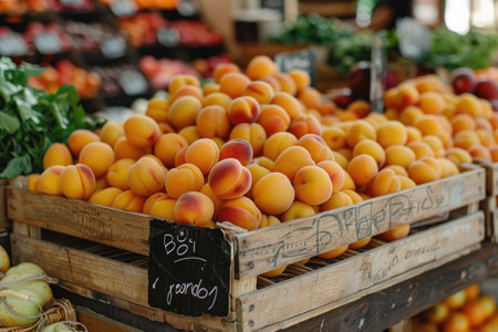 Organic apricots on the market.の素材