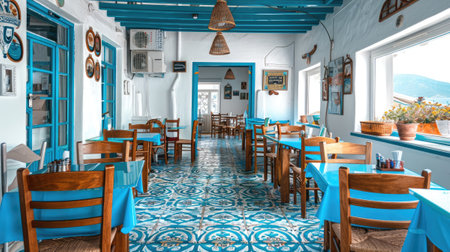 Quaint Greek cafe with blue chairs and white walls, inviting atmosphere on a sunny day in Greeceの素材