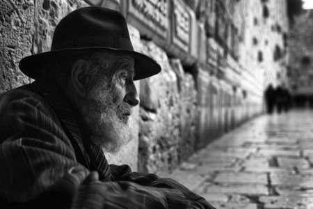 An elderly man in traditional Jewish clothing stands thoughtfully at the Western Wall in Jerusalemの素材