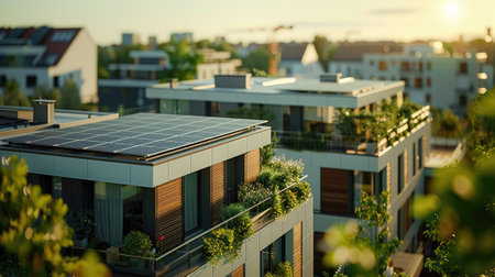 New building with solar panels on the roof. Sustainable and clean energy at home.の素材