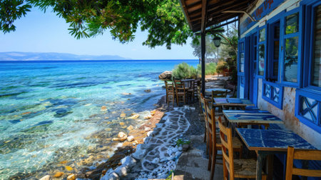 Greek culture with traditional white and blue Greek architecture, taverna by the seaの素材