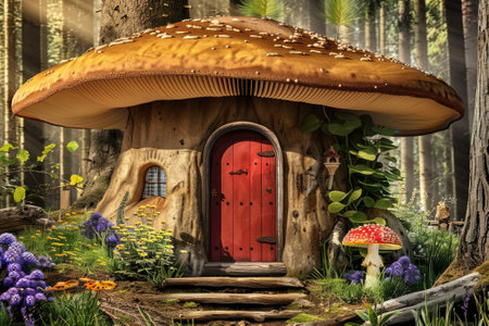 Large mushroom house with a red door within an enchanted forest, giving a fairytale vibeの素材
