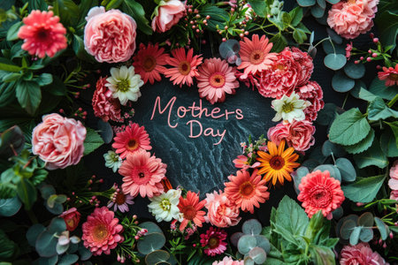 Mothers Day heart shaped greeting with an arrangement of beautiful flowers.の素材