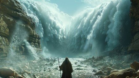 Moses parting the Red Sea, with towering walls of water on either side and a path emerging through the sea bed.の素材