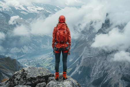 A climber in red gear stands on a peak with a dramatic cloudy mountain backdropの素材