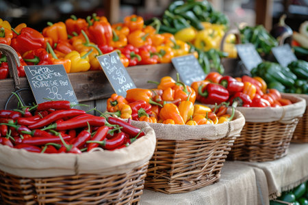 Organic fresh peppers on the market.の素材