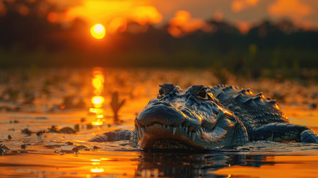 Head of crocodile with big teeth in wetlandの素材