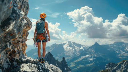 Solo climber on a mountain ridge with a viewの素材