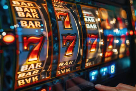 Vibrant slot machine with lucky sevens spinningの素材