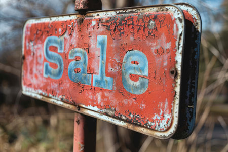 Rusty vintage sale sign in a desolate areaの素材