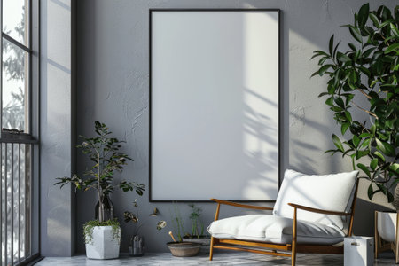 A mockup of a vertical empty picture frame in a natural setting with textured wall and plant shadowsの素材