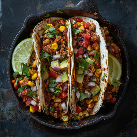 Deliciously prepared chicken fajitas in a cast iron skilletの素材
