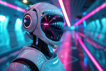 Futuristic robot in neon lit corridorの素材