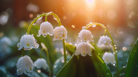 White lily of the valley flowers. Convallaria majalis forest flowering plant with raindrops.の素材
