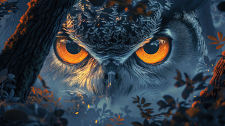 A mysterious owl camouflaged among the leaves, its intense orange eyes piercing through the foliageの素材
