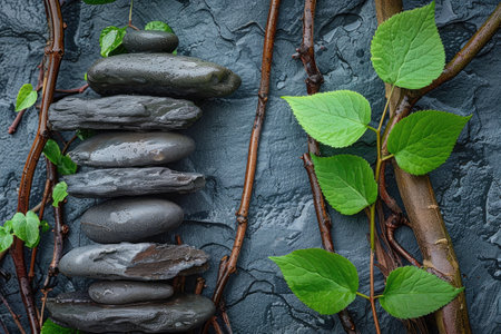 Wet stones with green leaves on dark backgroundの素材