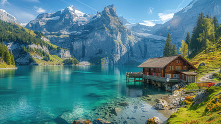 Alpine house by lake with lush greenery and mountainsの素材
